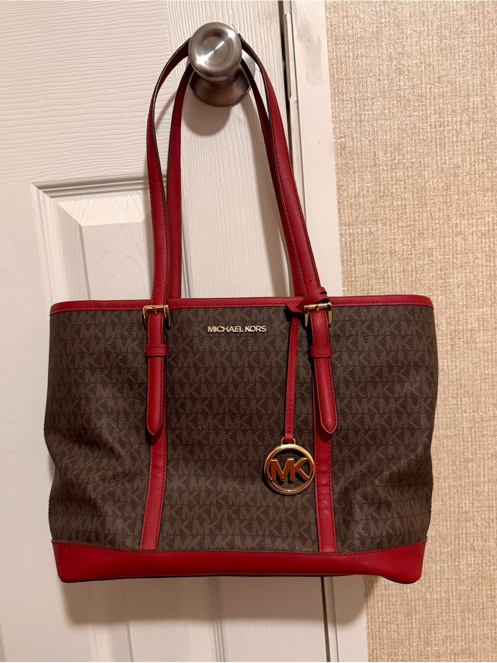 Michael Kors Brown & Red Signature Tote with Gold MK Charm